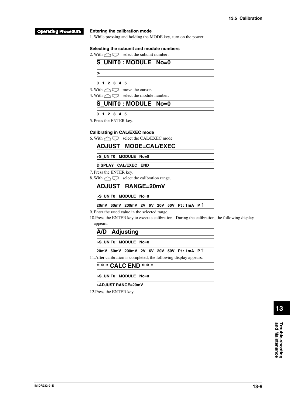 S_unit0 : module no=0, Adjust mode=cal/exec, Adjust range=20mv | A/d adjusting, Calc end | Yokogawa DR240 User Manual | Page 242 / 293