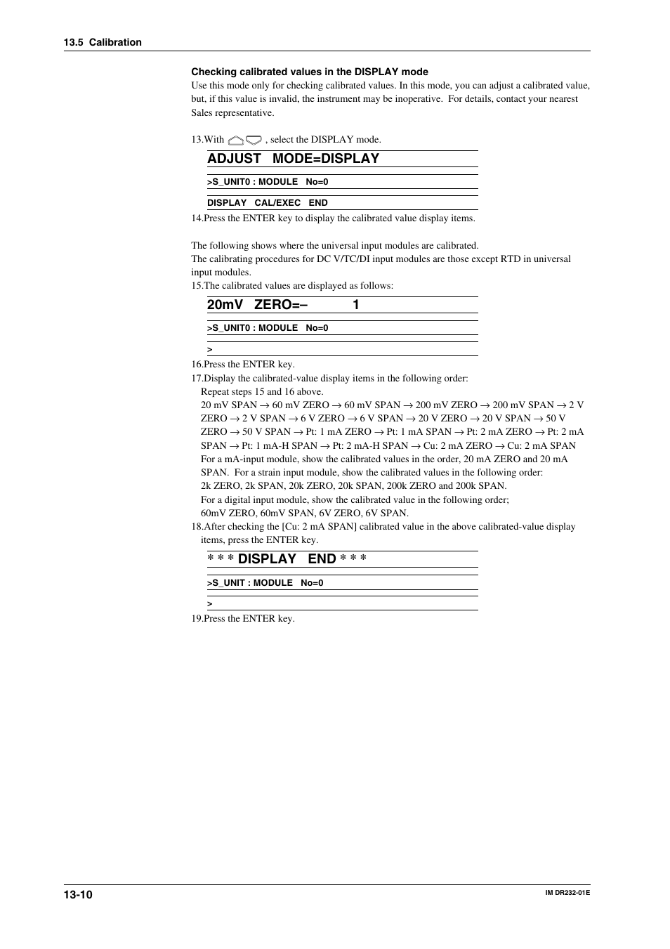 Adjust mode=display, 20mv zero=– 1, Display end | Yokogawa DR240 User Manual | Page 243 / 293