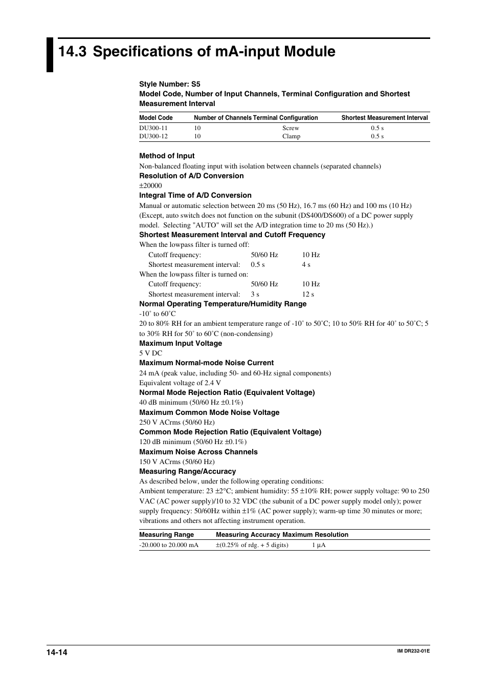 3 specifications of ma-input module, Specifications of ma-input module -14 | Yokogawa DR240 User Manual | Page 259 / 293