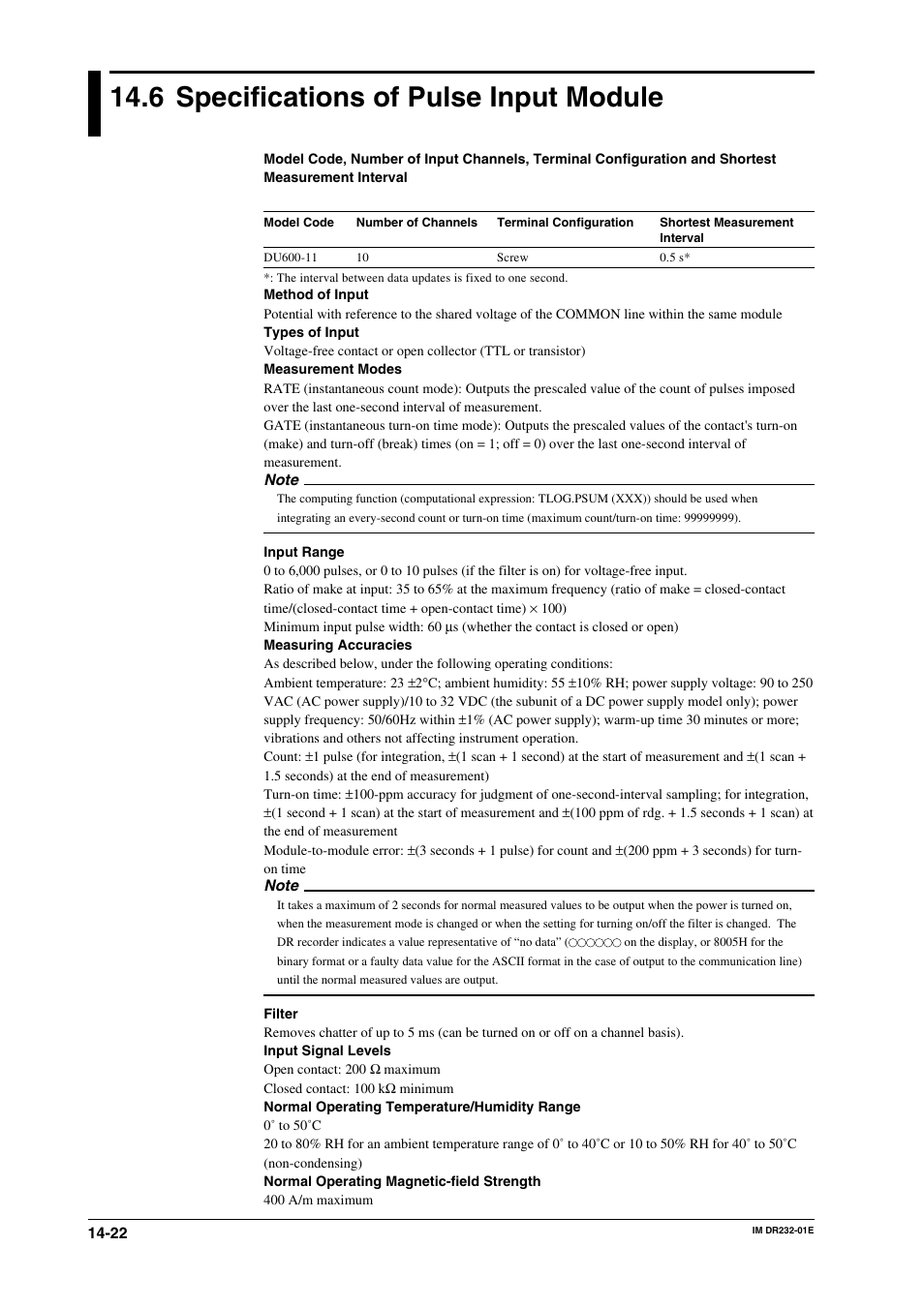 6 specifications of pulse input module, Specifications of pulse input module -22 | Yokogawa DR240 User Manual | Page 267 / 293