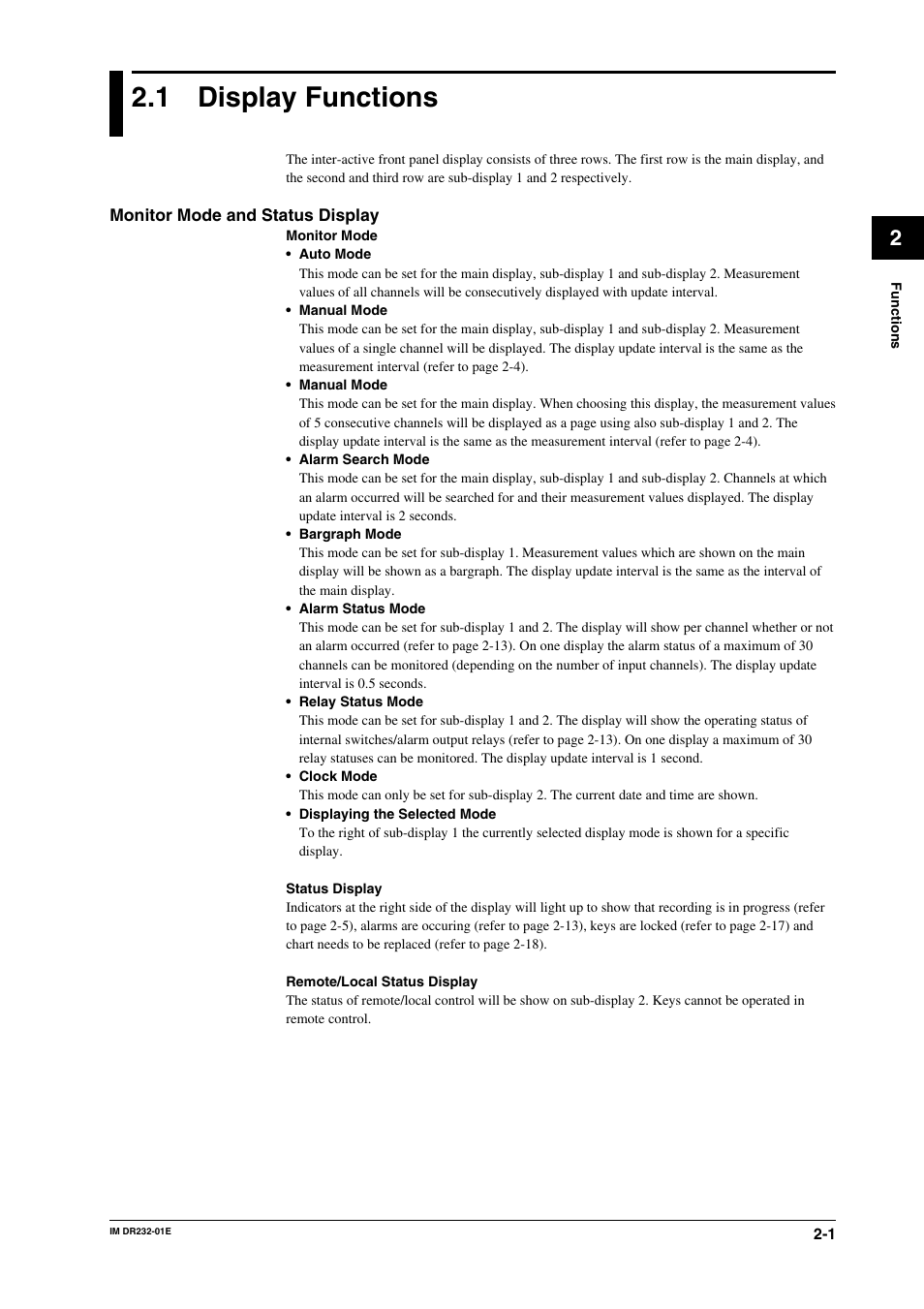 Chapter 2 functions, 1 display functions, Chapter 2 | Functions, Display functions -1 | Yokogawa DR240 User Manual | Page 27 / 293