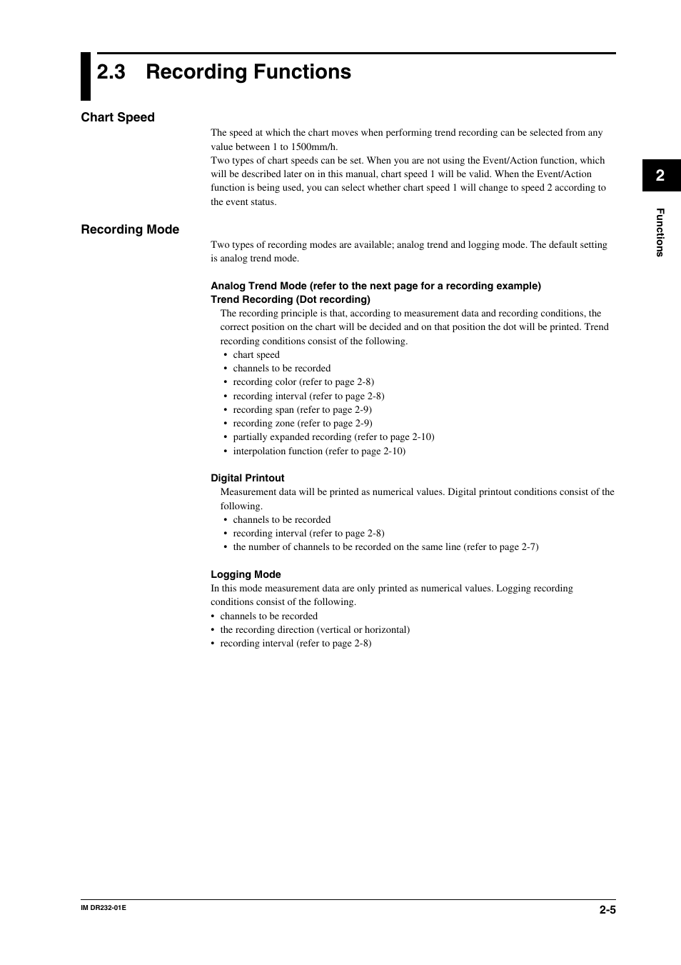 3 recording functions, Recording functions -5 | Yokogawa DR240 User Manual | Page 31 / 293