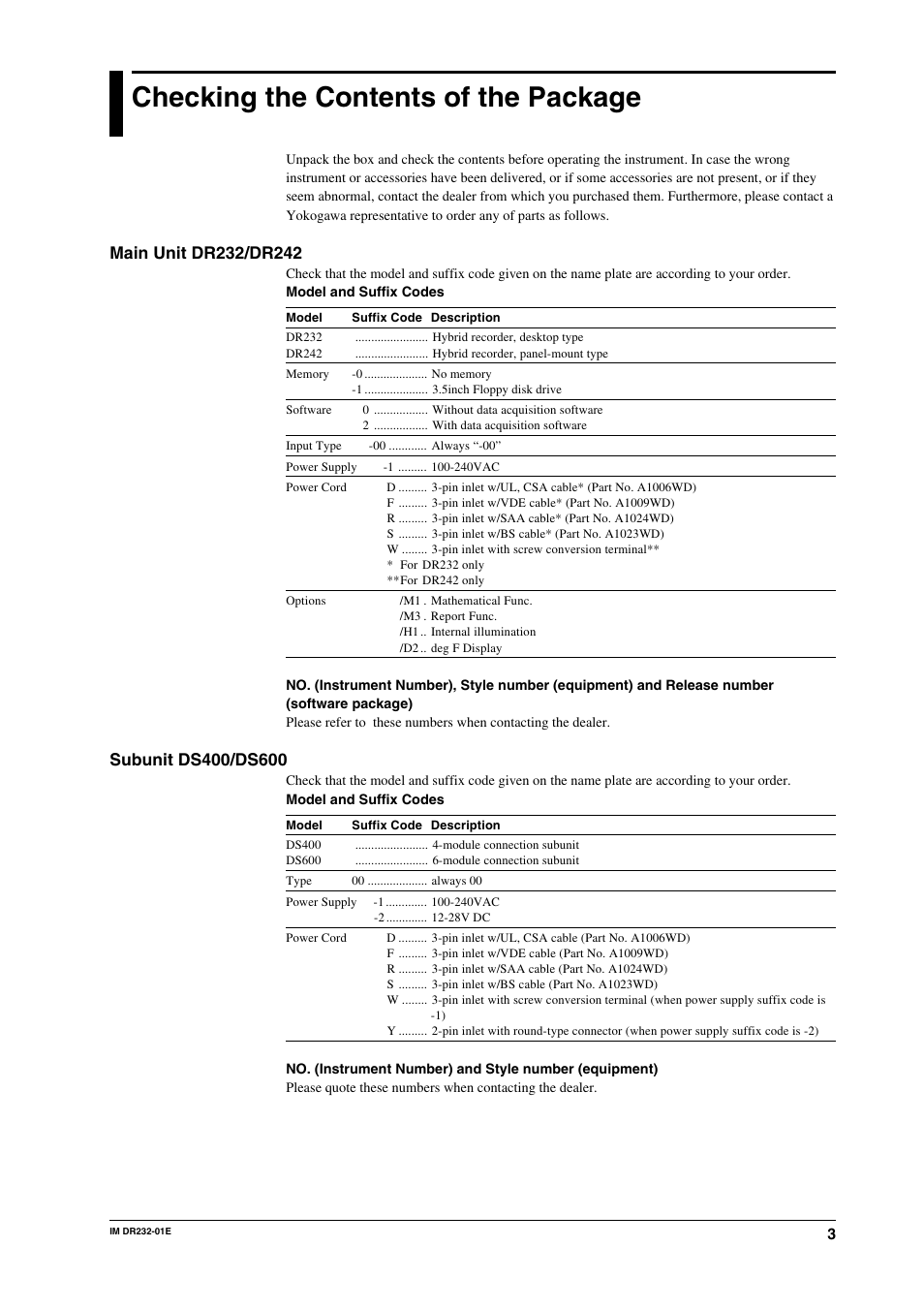 Checking the contents of the package | Yokogawa DR240 User Manual | Page 4 / 293