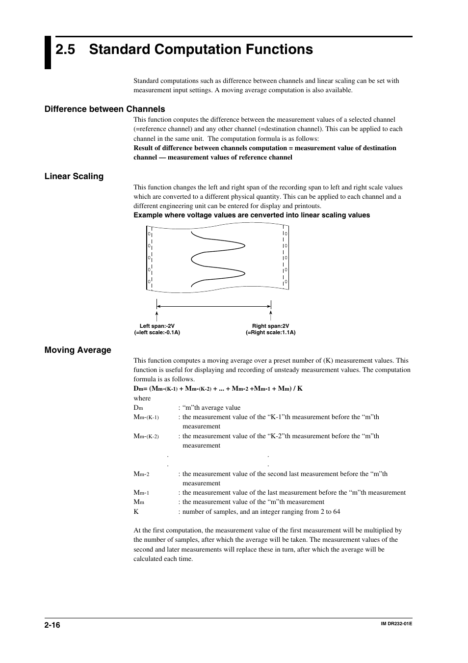 5 standard computation functions, Standard computation functions -16, Difference between channels | Linear scaling, Moving average | Yokogawa DR240 User Manual | Page 42 / 293