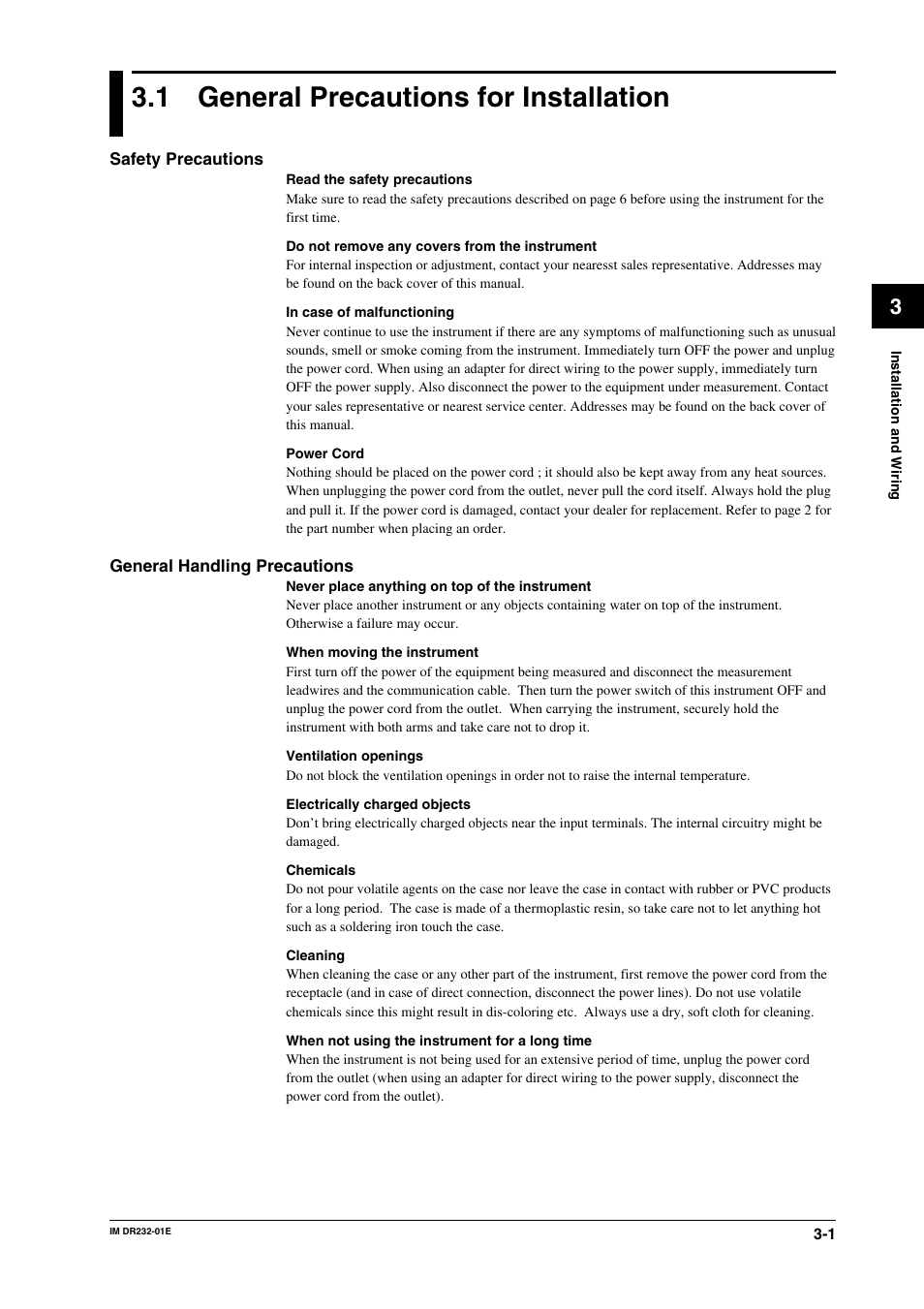 Chapter 3 installation and wiring, 1 general precautions for installation, Chapter 3 | Installation and wiring, General precautions for installation -1 | Yokogawa DR240 User Manual | Page 46 / 293