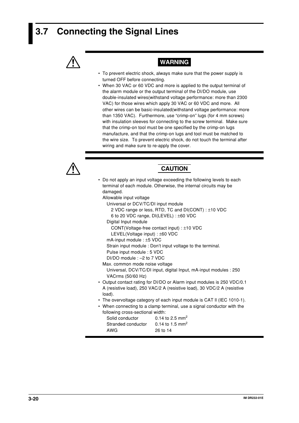 7 connecting the signal lines, Connecting the signal lines -20, Wwarning | Caution | Yokogawa DR240 User Manual | Page 65 / 293