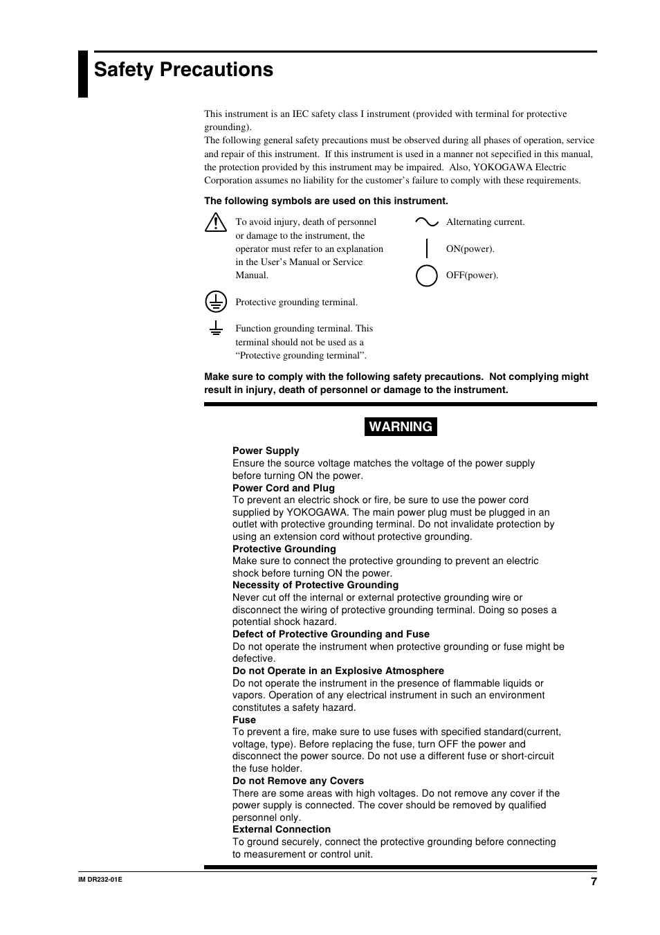 Safety precautions, Warning | Yokogawa DR240 User Manual | Page 8 / 293