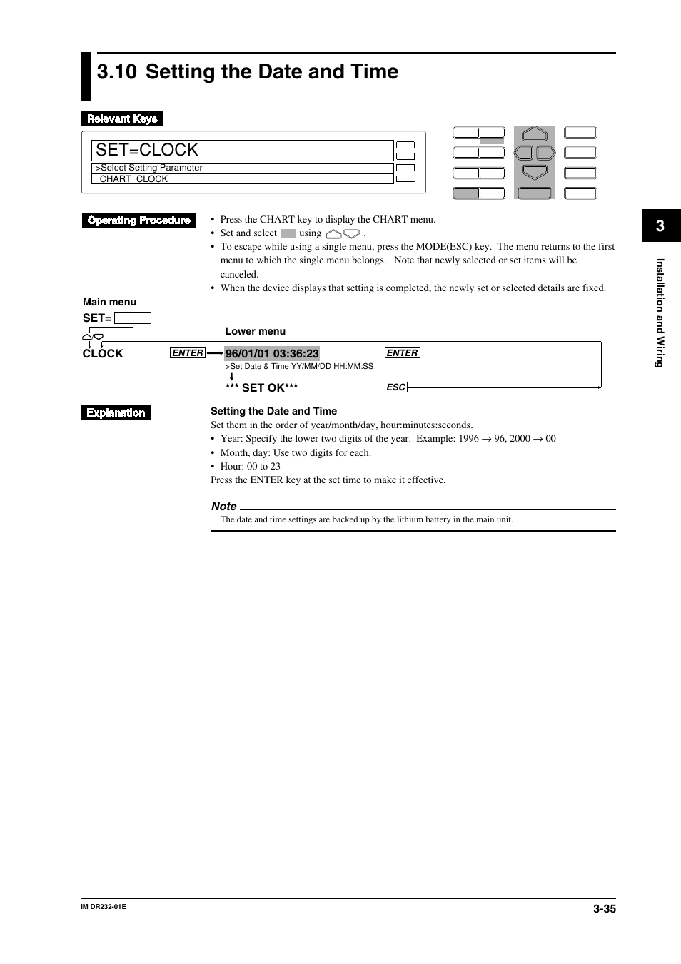 10 setting the date and time, Setting the date and time -35, Set=clock | Set ok | Yokogawa DR240 User Manual | Page 80 / 293