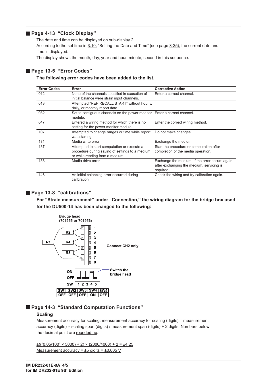 Page 4-13 “clock display, Page 13-5 “error codes, Page 13-8 “calibrations | Page 14-3 “standard computation functions, Scaling | Yokogawa DR240 User Manual | Page 4 / 5