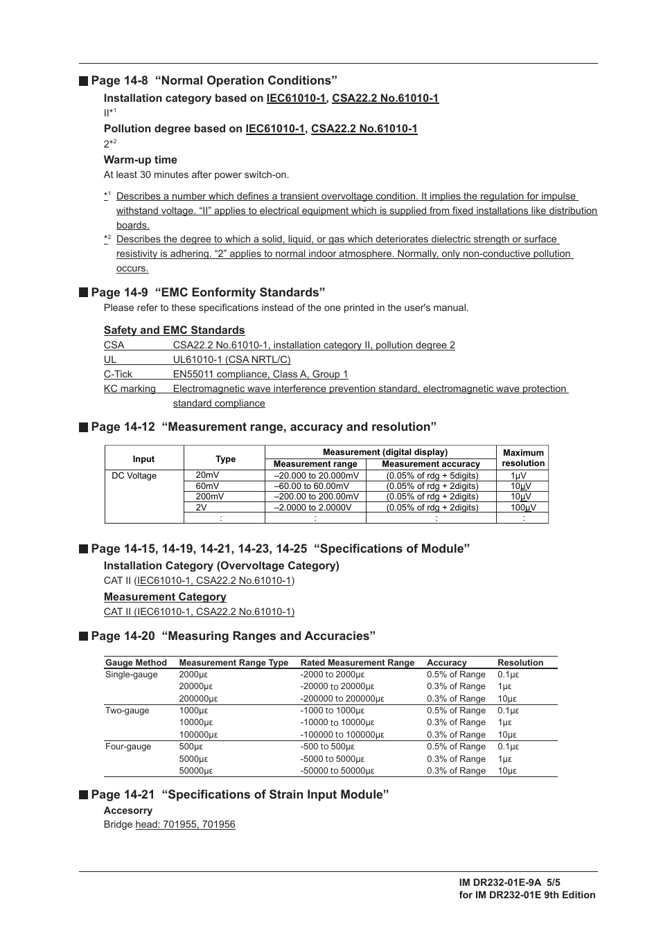 Page 14-8 “normal operation conditions, Page 14-9 “emc eonformity standards, Page 14-20 “measuring ranges and accuracies | Page 14-21 “specifications of strain input module | Yokogawa DR240 User Manual | Page 5 / 5