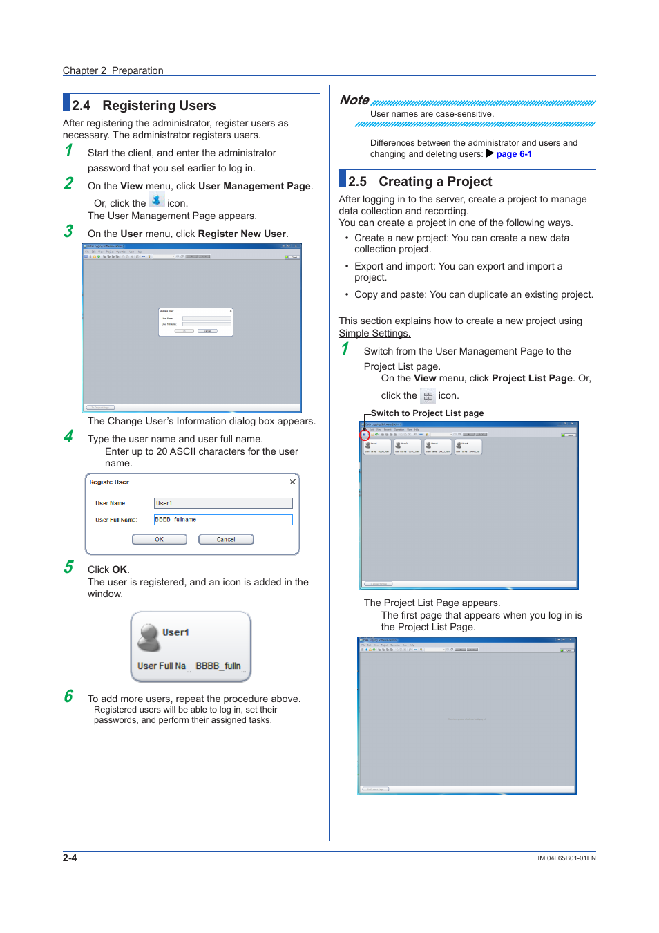 4 registering users, 5 creating a project, Registering users -4 | Creating a project -4, Sec. 2.4, Sec. 2.5 | Yokogawa Data Logging Software GA10 User Manual | Page 20 / 94