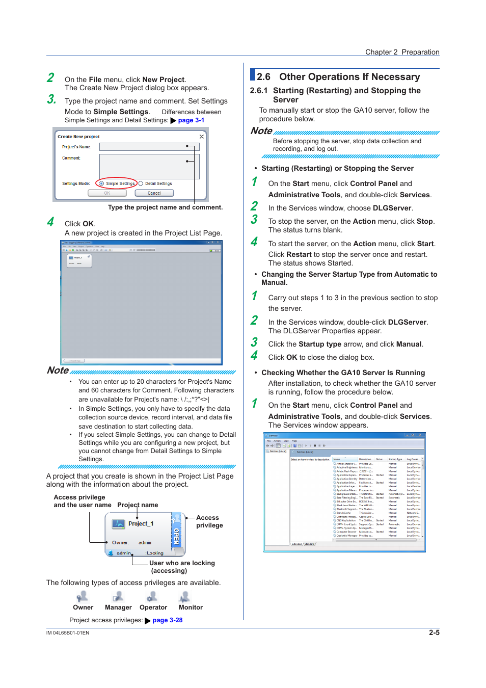 6 other operations if necessary, 1 starting (restarting) and stopping the server, Other operations if necessary -5 | Starting (restarting) and stopping the server -5 | Yokogawa Data Logging Software GA10 User Manual | Page 21 / 94