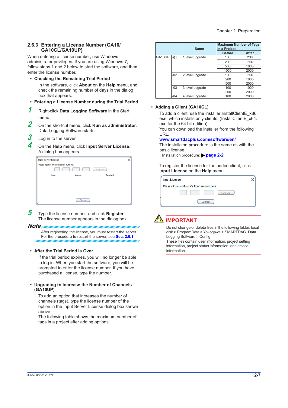 3 entering a license number (ga10/ga10cl/ga10up), Entering a license number (ga10/ga10cl/ga10up) -7, Sec. 2.6.3 | Important | Yokogawa Data Logging Software GA10 User Manual | Page 23 / 94