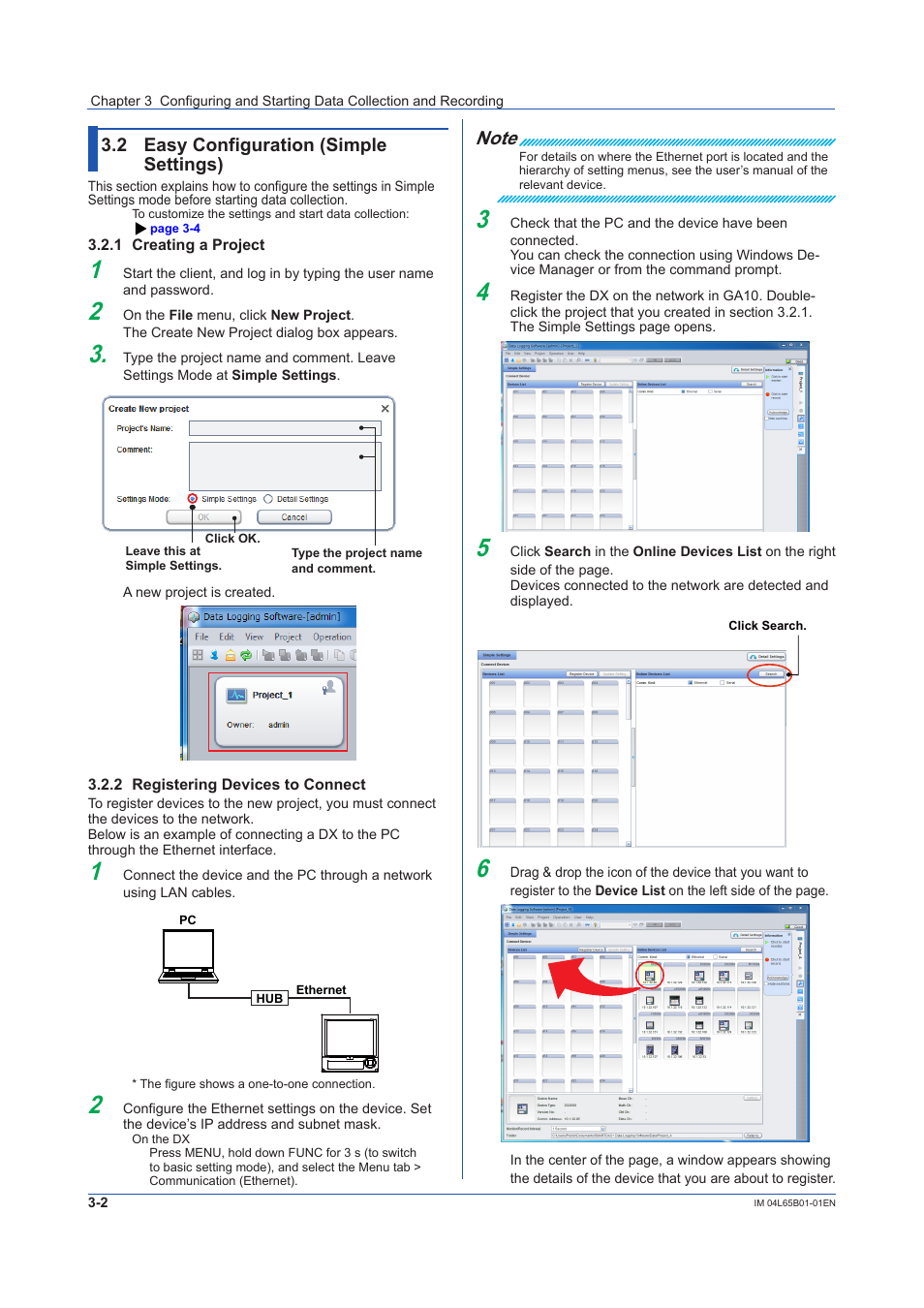 2 easy configuration (simple settings), 1 creating a project, 2 registering devices to connect | Easy configuration (simple settings) -2, Creating a project -2, Registering devices to connect -2, Sec. 3.2, Sec. 3.2.2, 2 easy configuration (simple settings) | Yokogawa Data Logging Software GA10 User Manual | Page 26 / 94