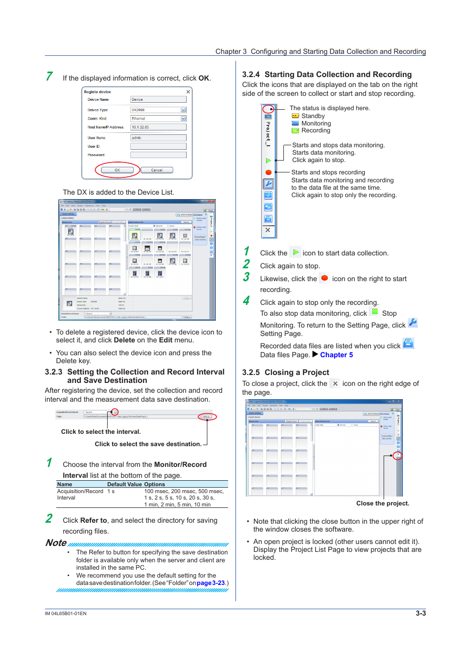 4 starting data collection and recording, 5 closing a project, Starting data collection and recording -3 | Closing a project -3, Sec. 3.2.3, Sec. 3.2.4 | Yokogawa Data Logging Software GA10 User Manual | Page 27 / 94