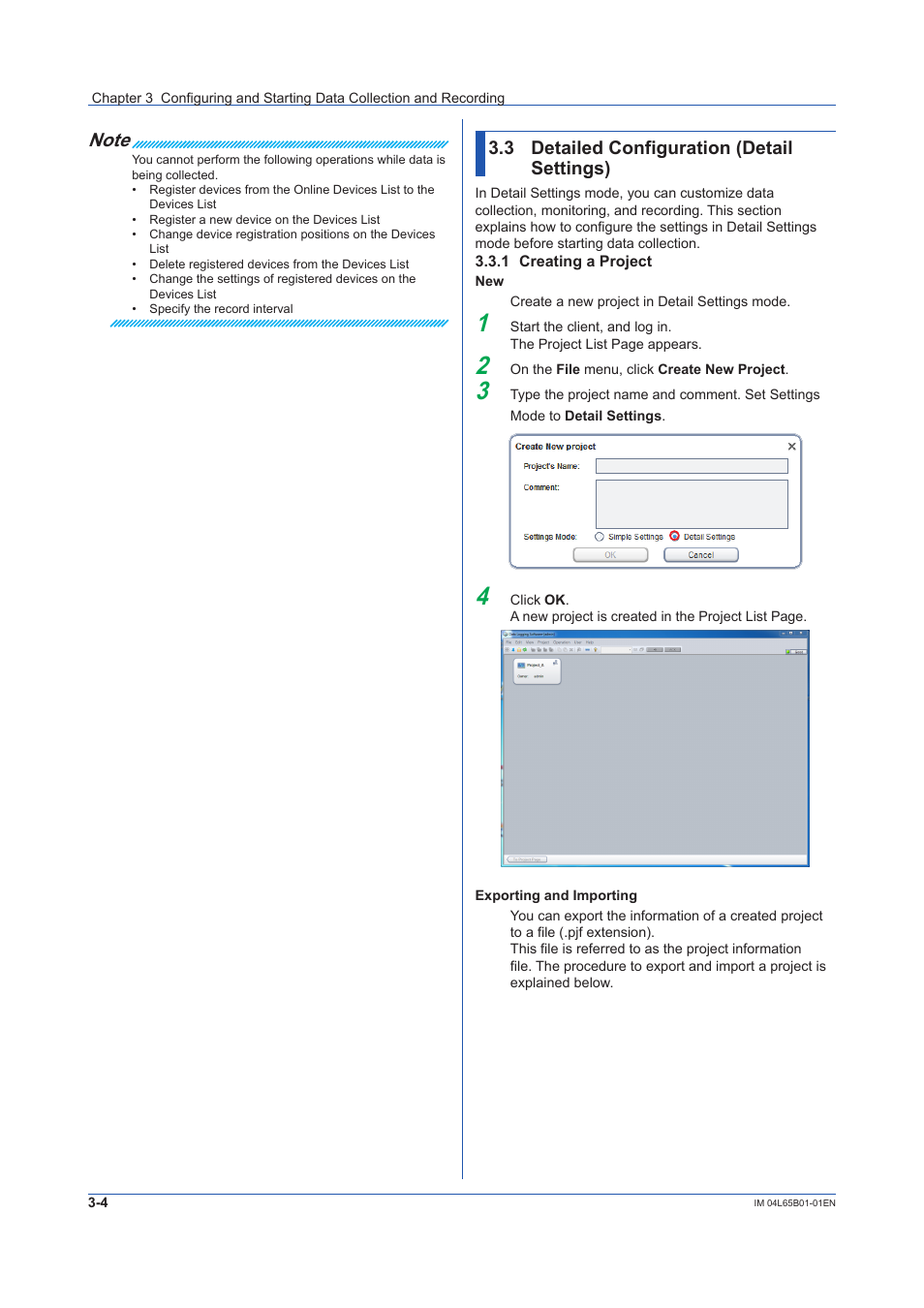 3 detailed configuration (detail settings), 1 creating a project, Detailed configuration (detail settings) -4 | Creating a project -4, Sec. 3.3.1, Sec. 3.3, 3 detailed configuration (detail settings) | Yokogawa Data Logging Software GA10 User Manual | Page 28 / 94