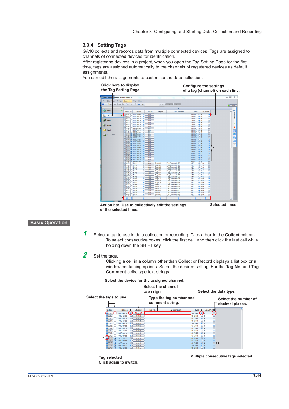 4 setting tags, Setting tags -11, Sec. 3.3.4 | Yokogawa Data Logging Software GA10 User Manual | Page 35 / 94