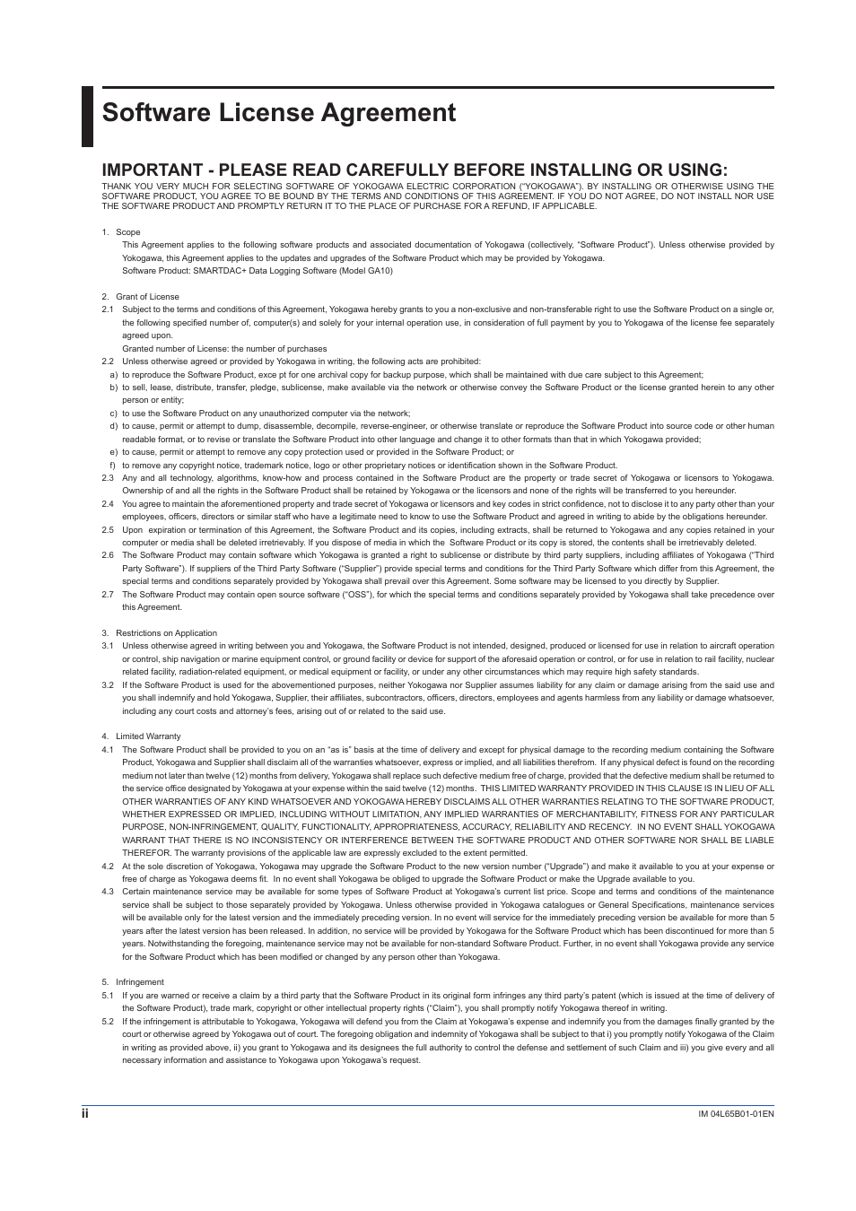 Software license agreement | Yokogawa Data Logging Software GA10 User Manual | Page 4 / 94