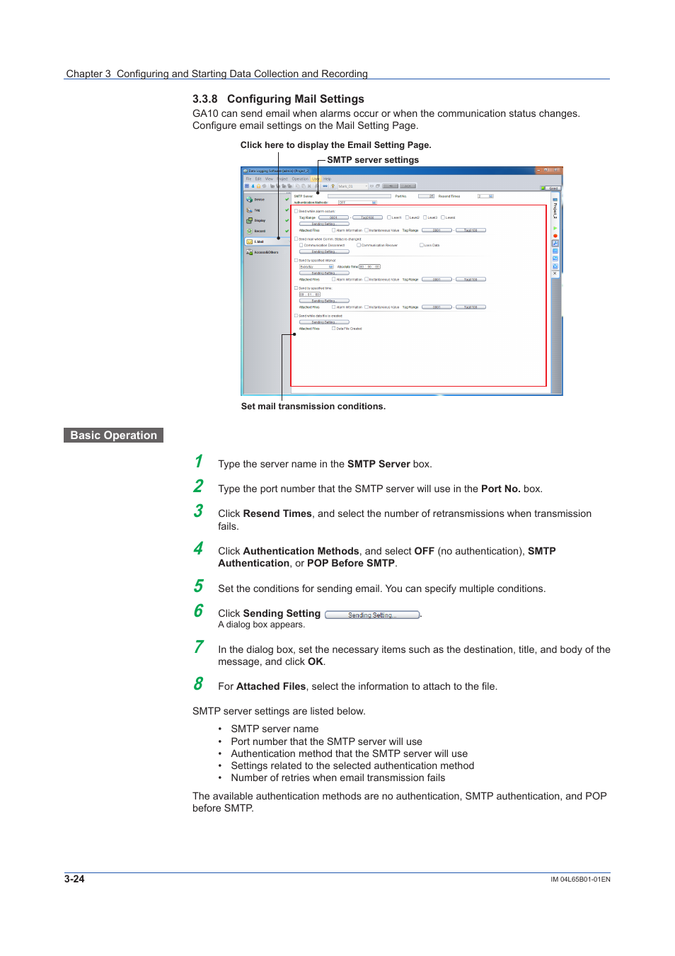 8 configuring mail settings, Configuring mail settings -24, Sec. 3.3.8 | Yokogawa Data Logging Software GA10 User Manual | Page 48 / 94