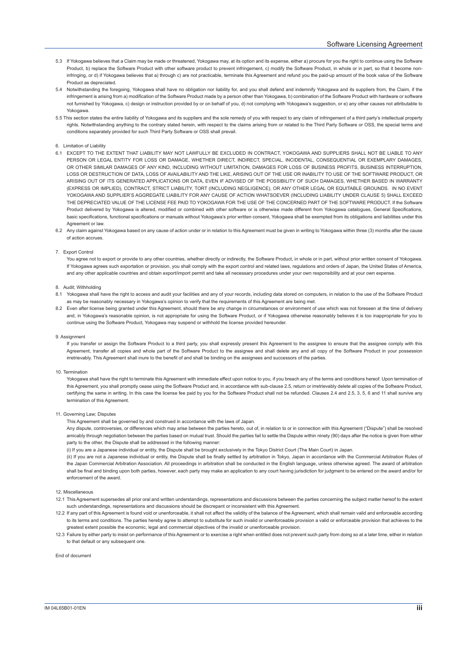 Software licensing agreement | Yokogawa Data Logging Software GA10 User Manual | Page 5 / 94