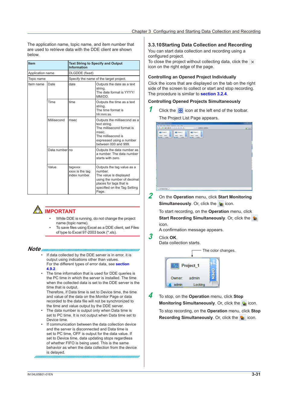 10 starting data collection and recording, 10 starting data collection and recording -31, Sec. 3.3.10 | Important | Yokogawa Data Logging Software GA10 User Manual | Page 55 / 94