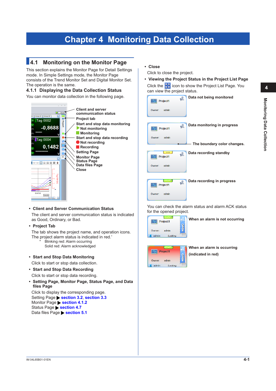 Chapter 4 monitoring data collection, 1 displaying the data collection status, Displaying the data collection status -1 | Chapter 4, 1 monitoring on the monitor page | Yokogawa Data Logging Software GA10 User Manual | Page 63 / 94