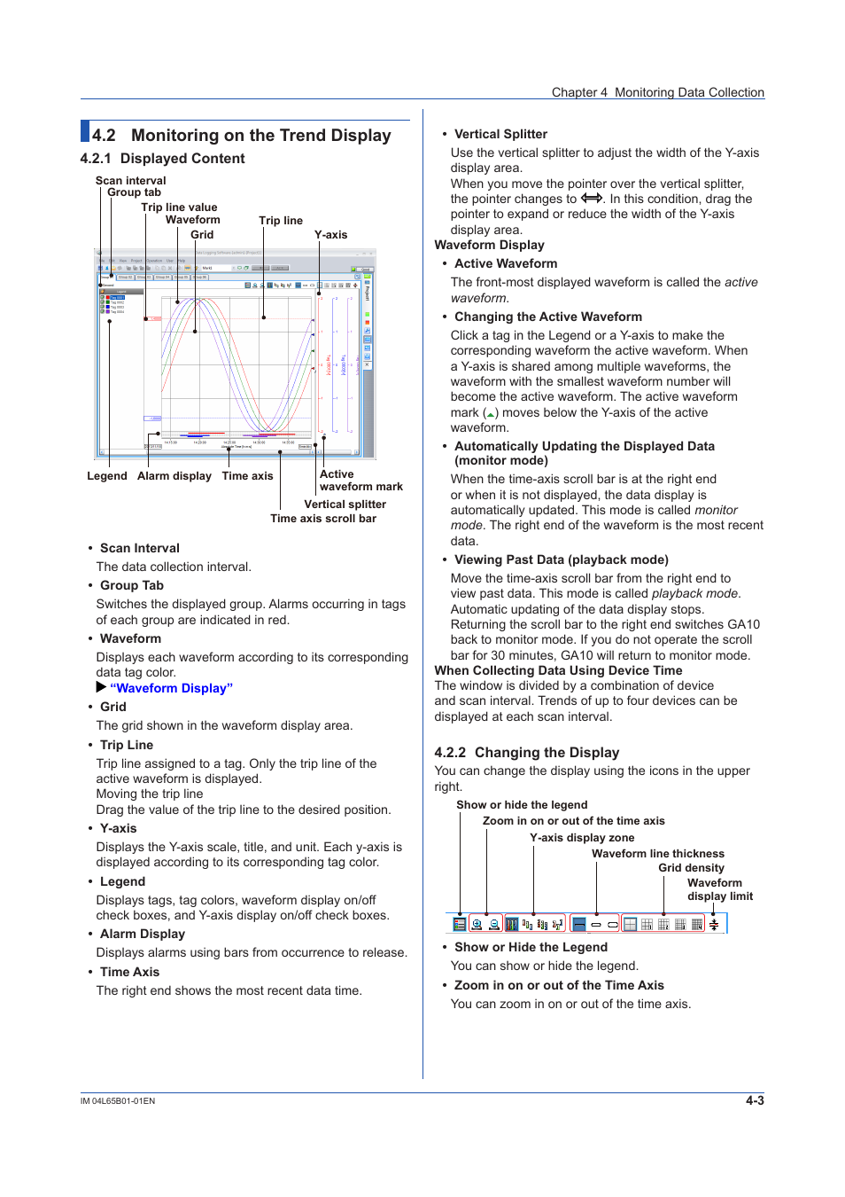 2 monitoring on the trend display, 1 displayed content, 2 changing the display | Monitoring on the trend display -3, Displayed content -3, Changing the display -3 | Yokogawa Data Logging Software GA10 User Manual | Page 65 / 94