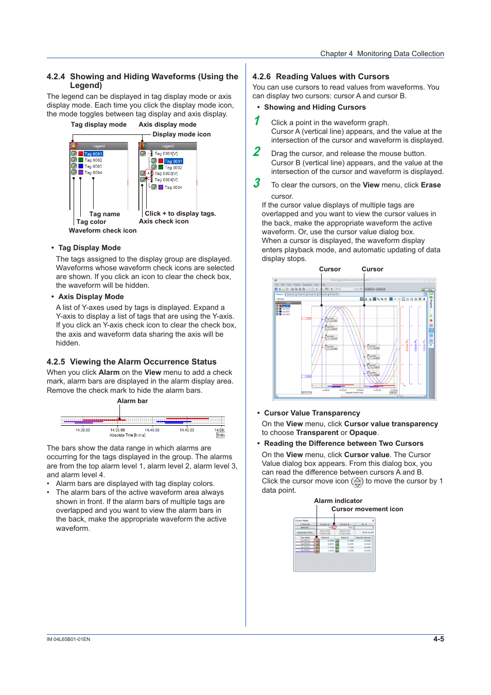 4 showing and hiding waveforms (using the legend), 5 viewing the alarm occurrence status, 6 reading values with cursors | Showing and hiding waveforms (using the legend) -5, Viewing the alarm occurrence status -5, Reading values with cursors -5 | Yokogawa Data Logging Software GA10 User Manual | Page 67 / 94