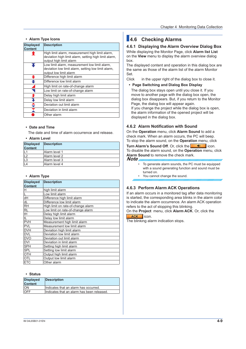 6 checking alarms, 1 displaying the alarm overview dialog box, 2 alarm notification with sound | 3 perform alarm ack operations, Checking alarms -9, Displaying the alarm overview dialog box -9, Alarm notification with sound -9, Perform alarm ack operations -9 | Yokogawa Data Logging Software GA10 User Manual | Page 71 / 94