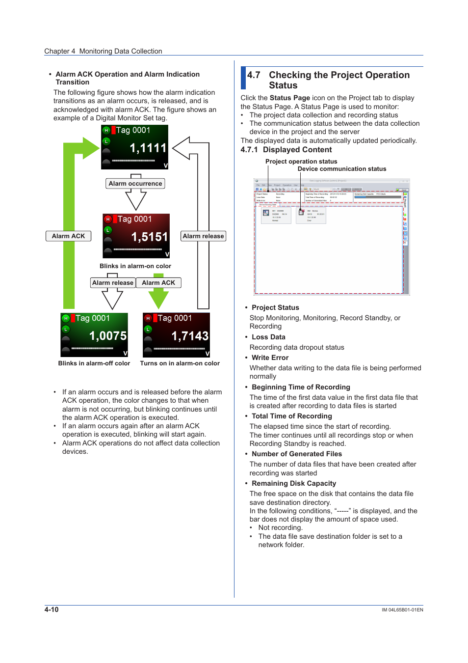 7 checking the project operation status, 1 displayed content, Checking the project operation status -10 | Displayed content -10, Section 4.7, 7 checking the project operation status | Yokogawa Data Logging Software GA10 User Manual | Page 72 / 94