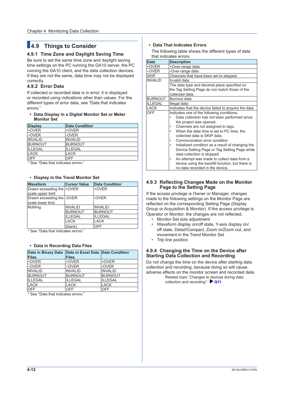 9 things to consider, 1 time zone and daylight saving time, 2 error data | Things to consider -12, Time zone and daylight saving time -12, Error data -12, Section | Yokogawa Data Logging Software GA10 User Manual | Page 74 / 94
