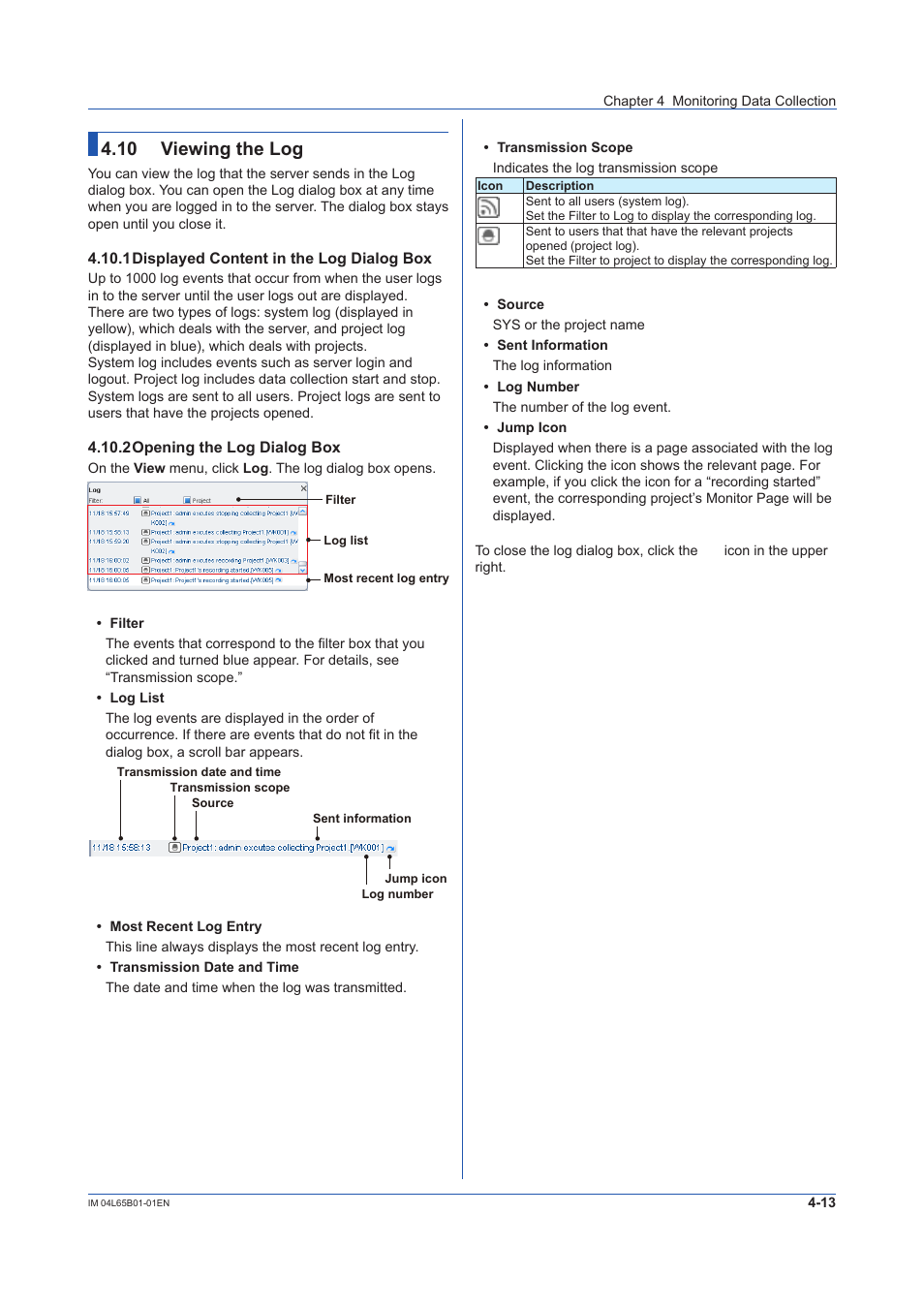 10 viewing the log, 1 displayed content in the log dialog box, 2 opening the log dialog box | Viewing the log -13, 1 displayed content in the log dialog box -13, 2 opening the log dialog box -13 | Yokogawa Data Logging Software GA10 User Manual | Page 75 / 94