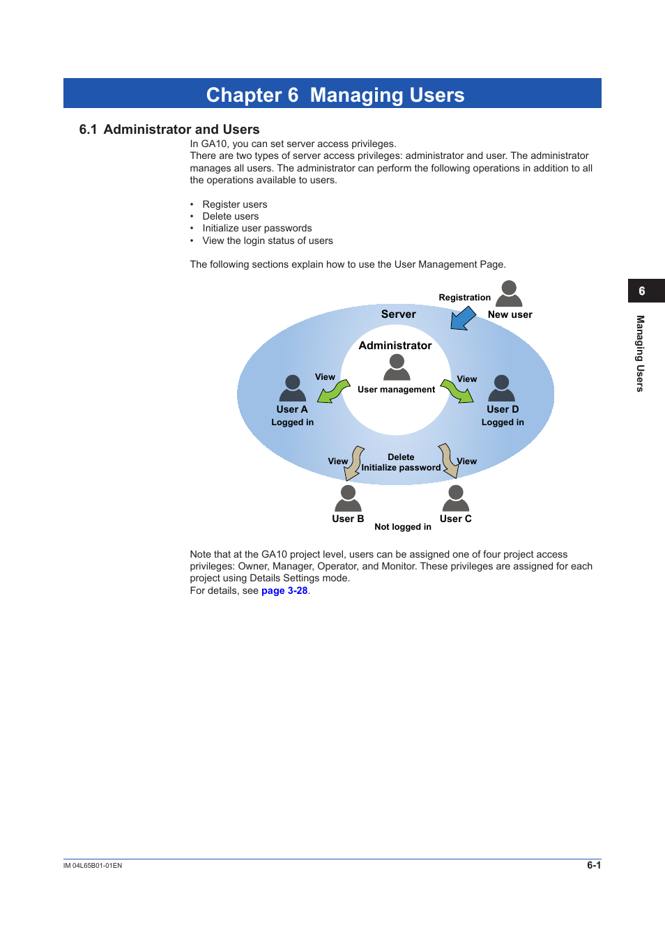 Chapter 6 managing users, 1 administrator and users, Administrator and users -1 | Chapter 6 | Yokogawa Data Logging Software GA10 User Manual | Page 79 / 94