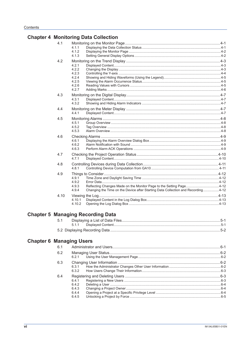 Chapter 4 monitoring data collection, Chapter 5 managing recording data, Chapter 6 managing users | Yokogawa Data Logging Software GA10 User Manual | Page 8 / 94