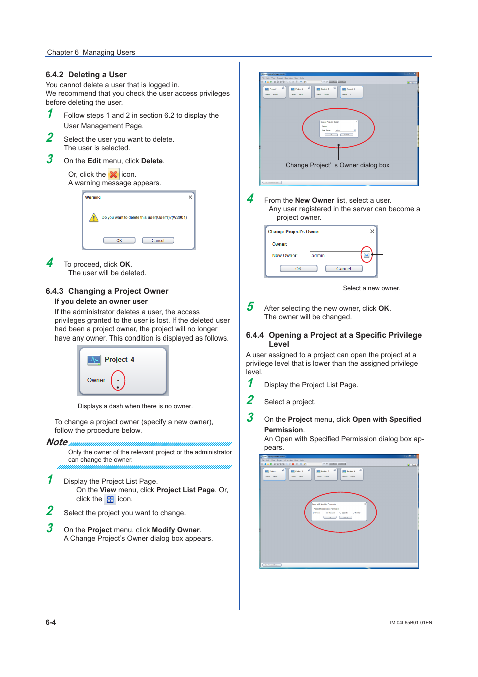 2 deleting a user, 3 changing a project owner, 4 opening a project at a specific privilege level | Deleting a user -4, Changing a project owner -4, Opening a project at a specific privilege level -4 | Yokogawa Data Logging Software GA10 User Manual | Page 82 / 94