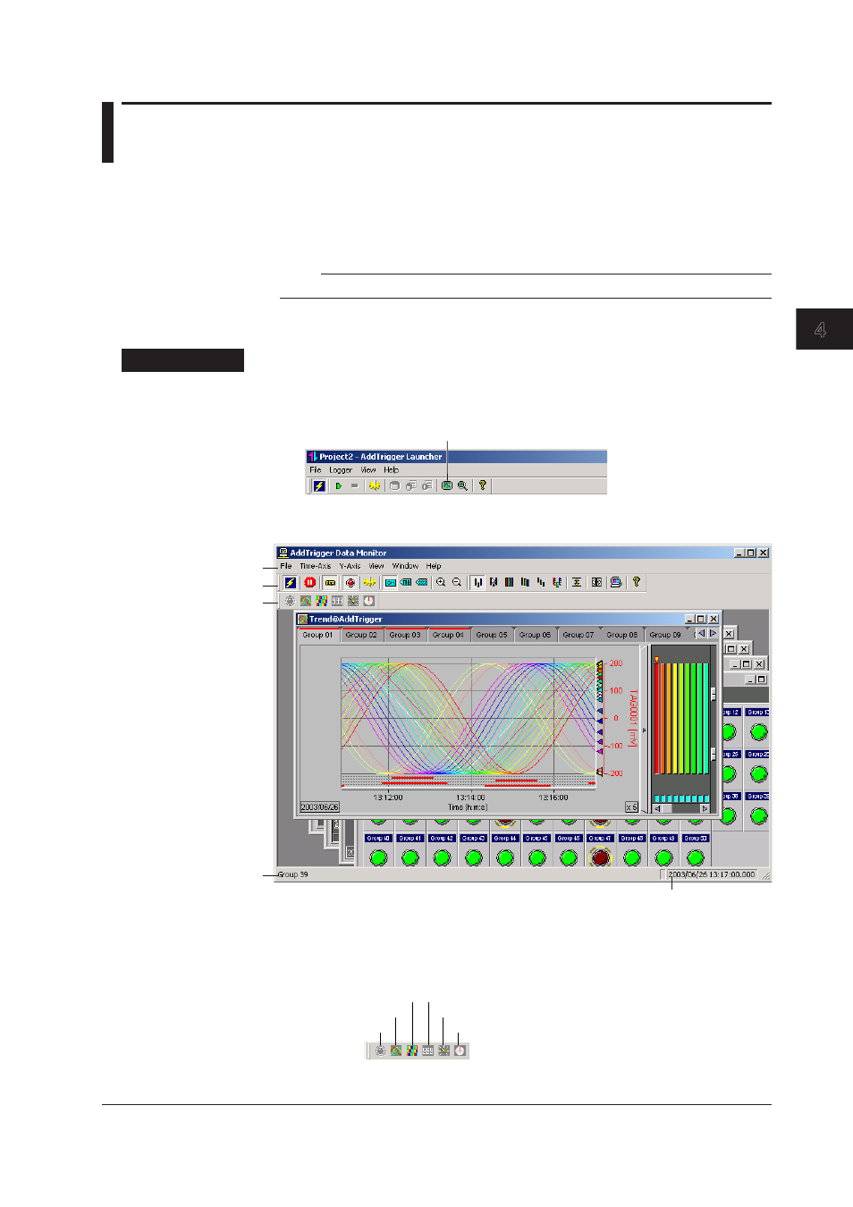 Chapter 4 monitoring data (data monitor), 1 displaying waveforms on monitor screens, 1 displaying waveforms on monitor screens -1 | Index, Starting data monitor | Yokogawa DAQWORX User Manual | Page 61 / 125