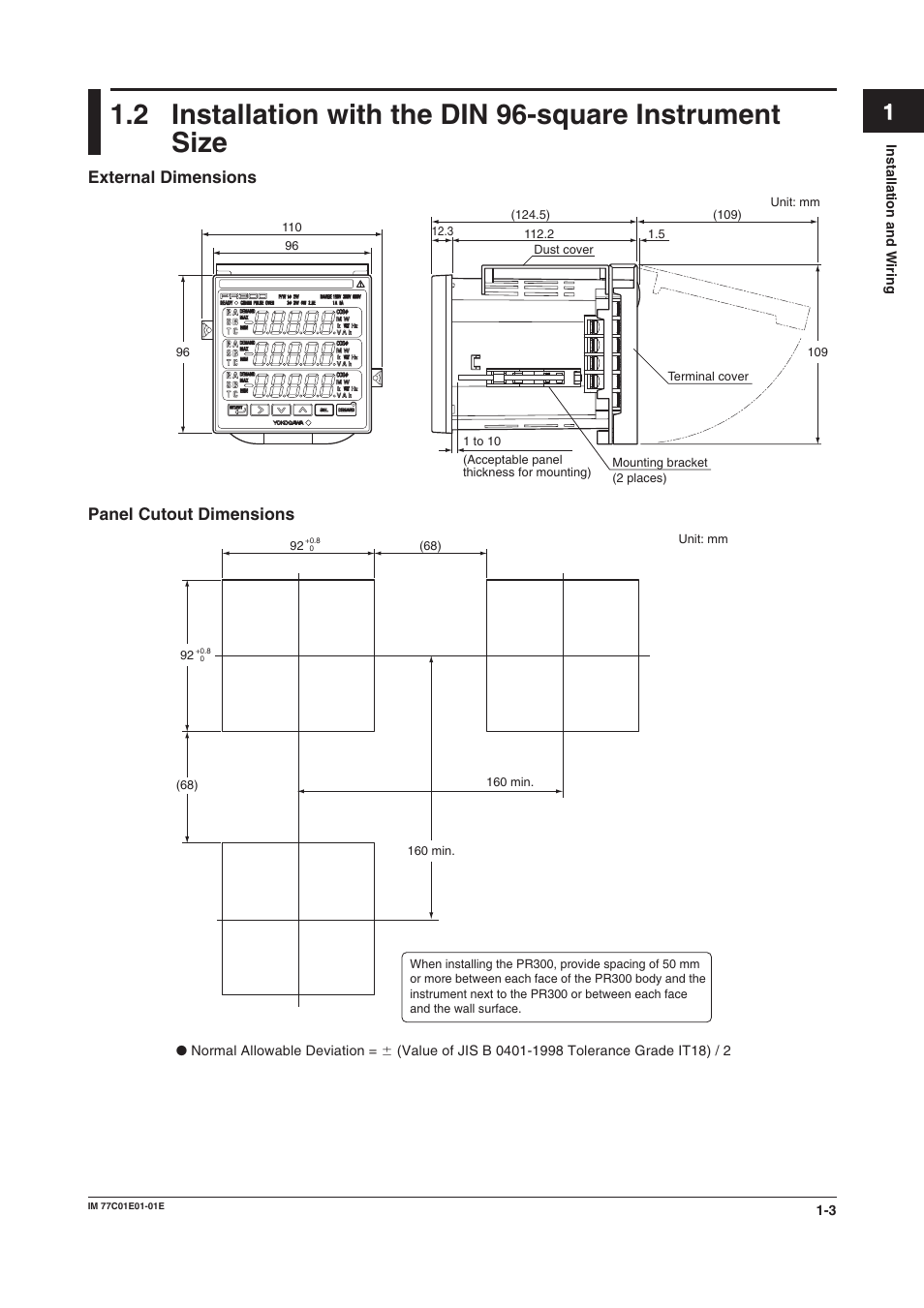 External dimensions, Panel cutout dimensions, Din 96-square instrument size | External dimensions -3 panel cutout dimensions -3 | Yokogawa PR300 Power and Energy Meter User Manual | Page 10 / 76