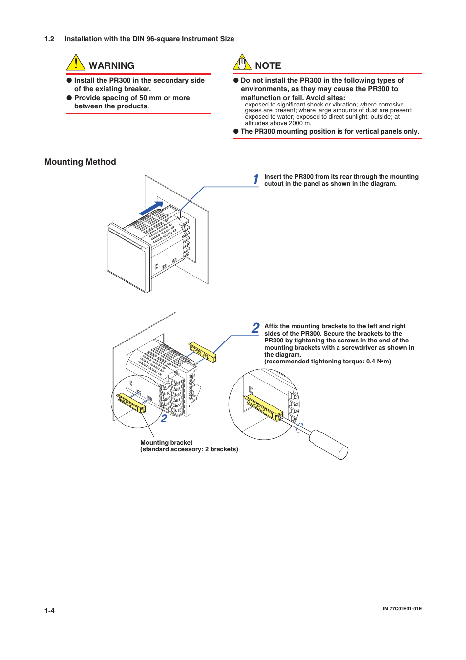 Mounting method, Din 96-square instrument size, Mounting method -4 | Yokogawa PR300 Power and Energy Meter User Manual | Page 11 / 76