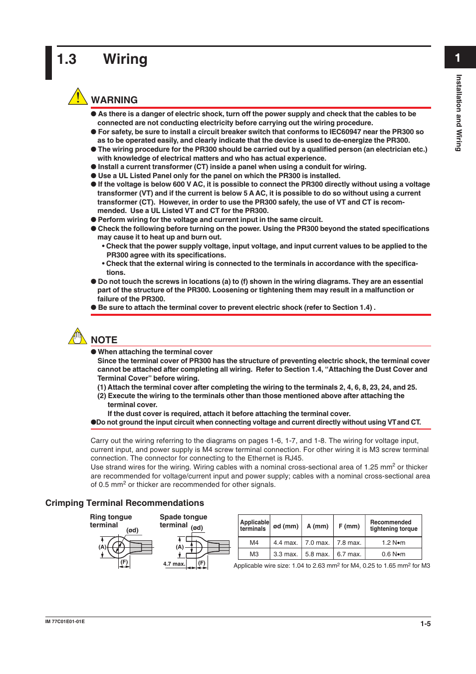 3 wiring, Crimping terminal recommendations, Wiring -5 | Crimping terminal recommendations -5, Warning | Yokogawa PR300 Power and Energy Meter User Manual | Page 12 / 76