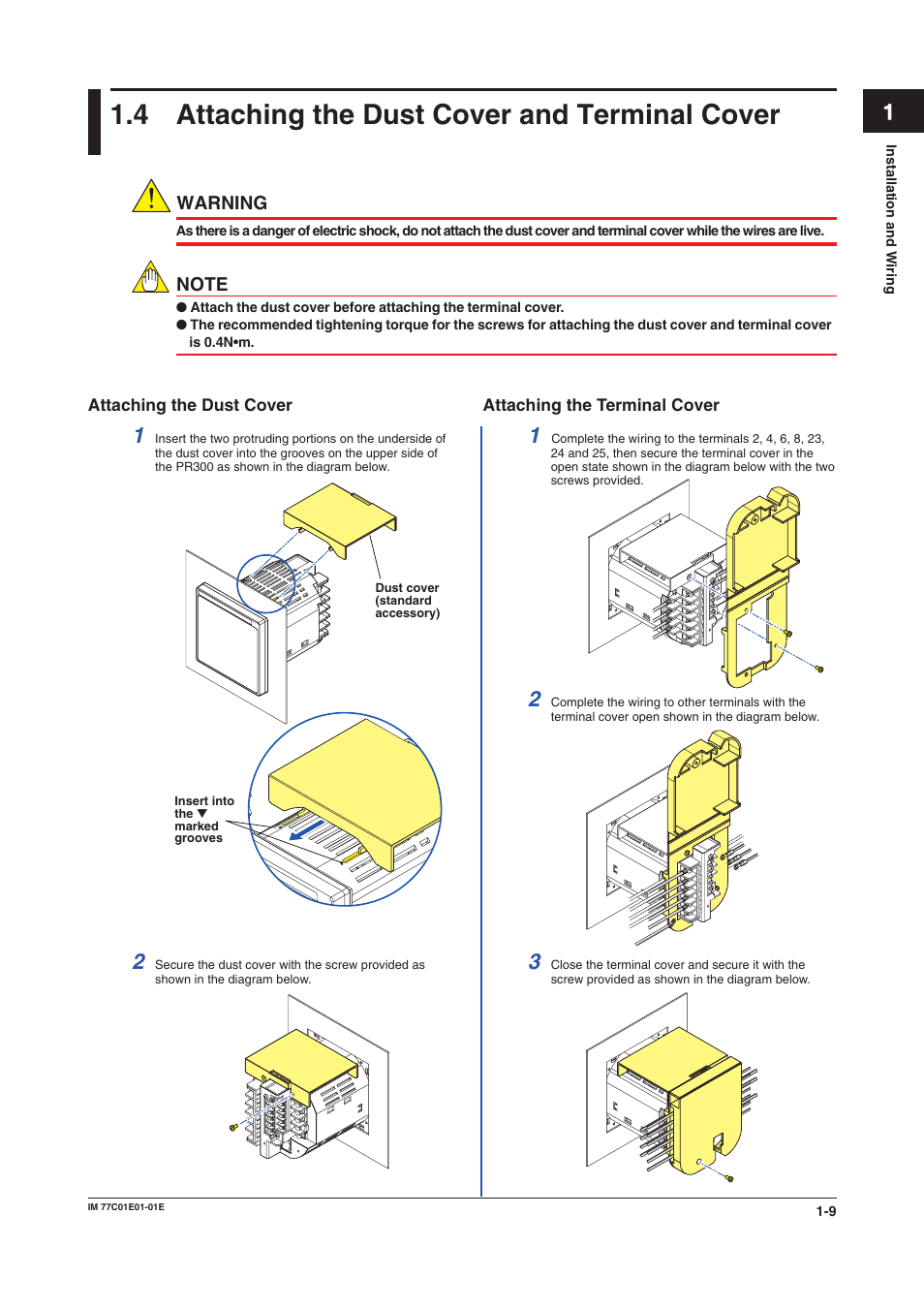 4 attaching the dust cover and terminal cover, Dust cover, Terminal cover | Attaching the dust cover and terminal cover -9 | Yokogawa PR300 Power and Energy Meter User Manual | Page 16 / 76