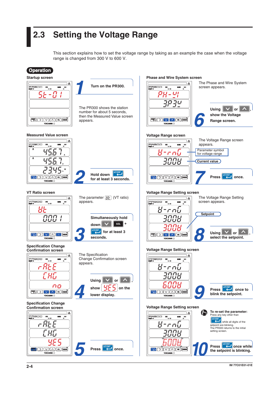 3 setting the voltage range, Voltage range, Voltage range setting | Setting the voltage range -4 | Yokogawa PR300 Power and Energy Meter User Manual | Page 20 / 76