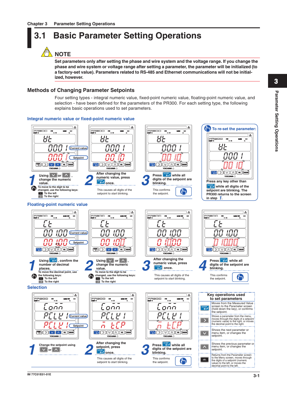 Chapter 3 parameter setting operations, 1 basic parameter setting operations, Methods of changing parameter setpoints | Chapter 3, Parameter setting operations, Basic parameter setting operations -1, Methods of changing parameter setpoints -1 | Yokogawa PR300 Power and Energy Meter User Manual | Page 22 / 76