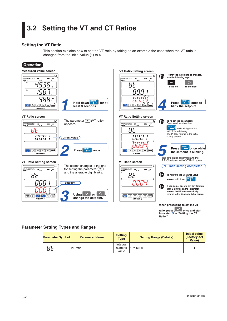 2 setting the vt and ct ratios, Setting the vt ratio, Vt ratio | Vt ratio setting, Setting the vt and ct ratios -2, Setting the vt ratio -2 | Yokogawa PR300 Power and Energy Meter User Manual | Page 23 / 76