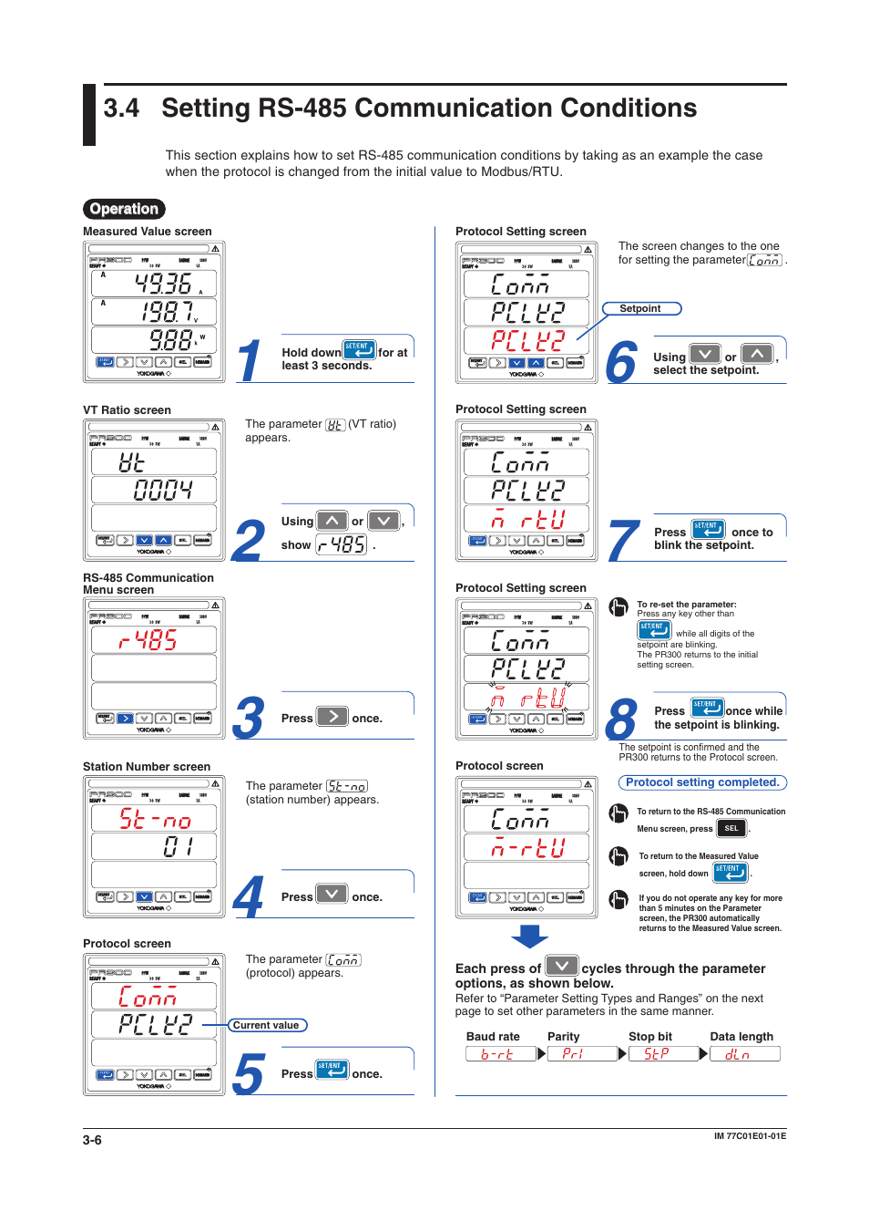 4 setting rs-485 communication conditions, Rs-485 communication conditions, Rs-485 communication conditions setting | Setting rs-485 communication conditions -6 | Yokogawa PR300 Power and Energy Meter User Manual | Page 27 / 76
