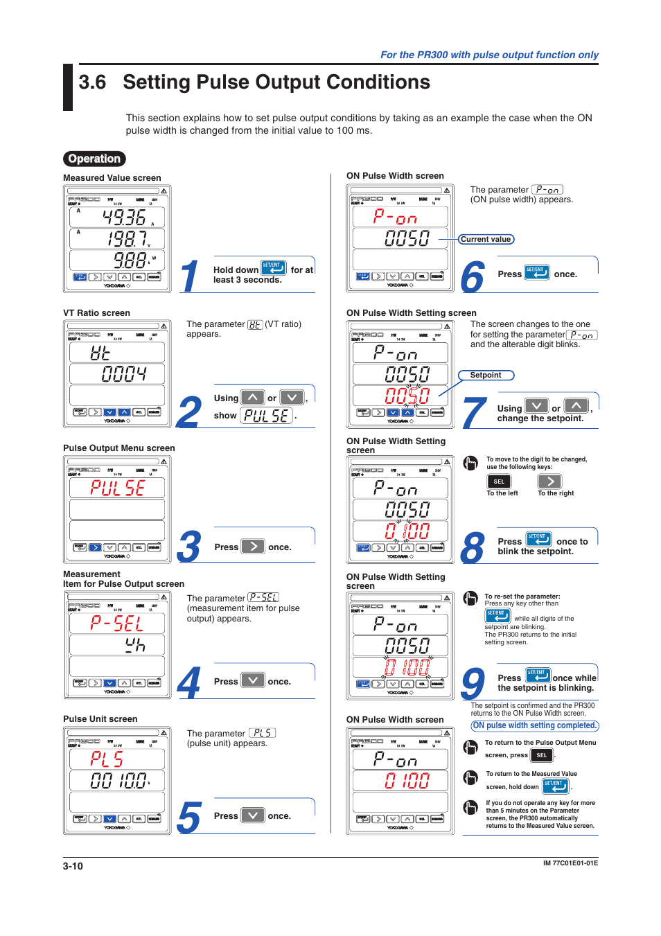 6 setting pulse output conditions, Pulse output conditions, Pulse output conditions setting | Setting pulse output conditions -10 | Yokogawa PR300 Power and Energy Meter User Manual | Page 31 / 76