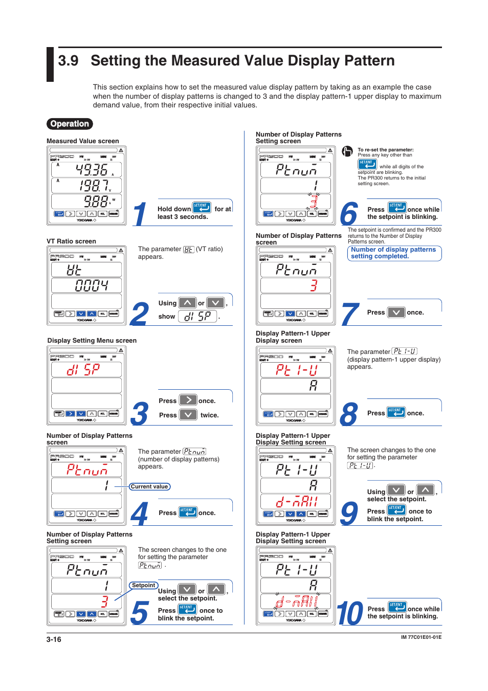 9 setting the measured value display pattern, Measured value display pattern setting, Measured value display pattern | Setting the measured value display pattern -16 | Yokogawa PR300 Power and Energy Meter User Manual | Page 37 / 76