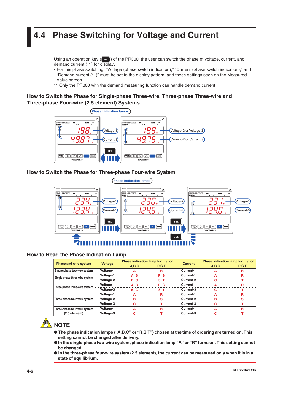 4 phase switching for voltage and current, How to read the phase indication lamp, Phase switching | Phase switching for voltage and current -6, Three-phase four-wire (2.5 element) systems -6 | Yokogawa PR300 Power and Energy Meter User Manual | Page 47 / 76