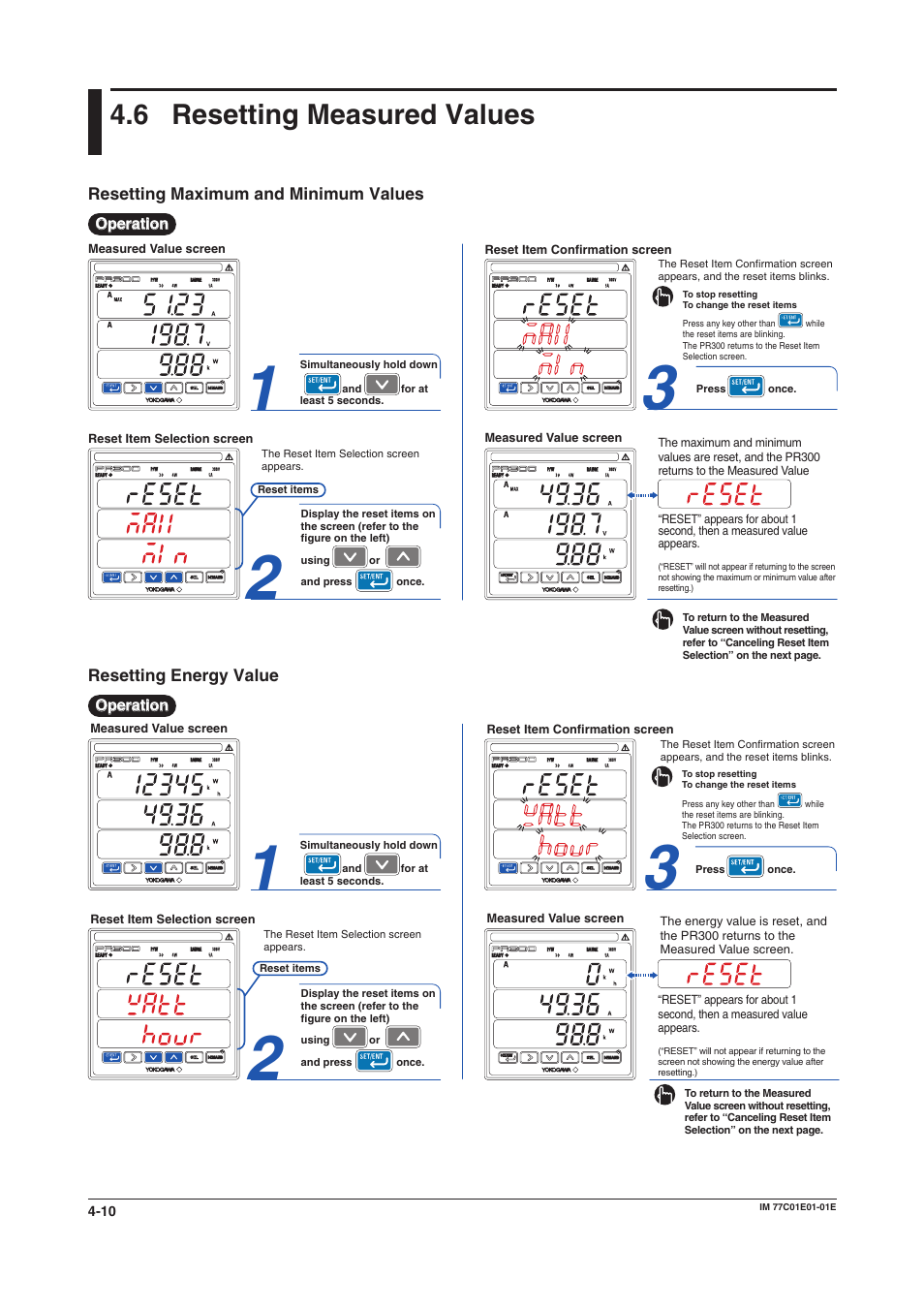 6 resetting measured values, Resetting maximum and minimum values, Resetting energy value | Measured value reset, Resetting measured values -10 | Yokogawa PR300 Power and Energy Meter User Manual | Page 51 / 76