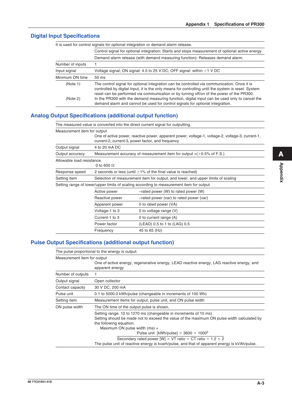 Digital input specifications, Analog output specifications, Pulse output specifications | Yokogawa PR300 Power and Energy Meter User Manual | Page 60 / 76