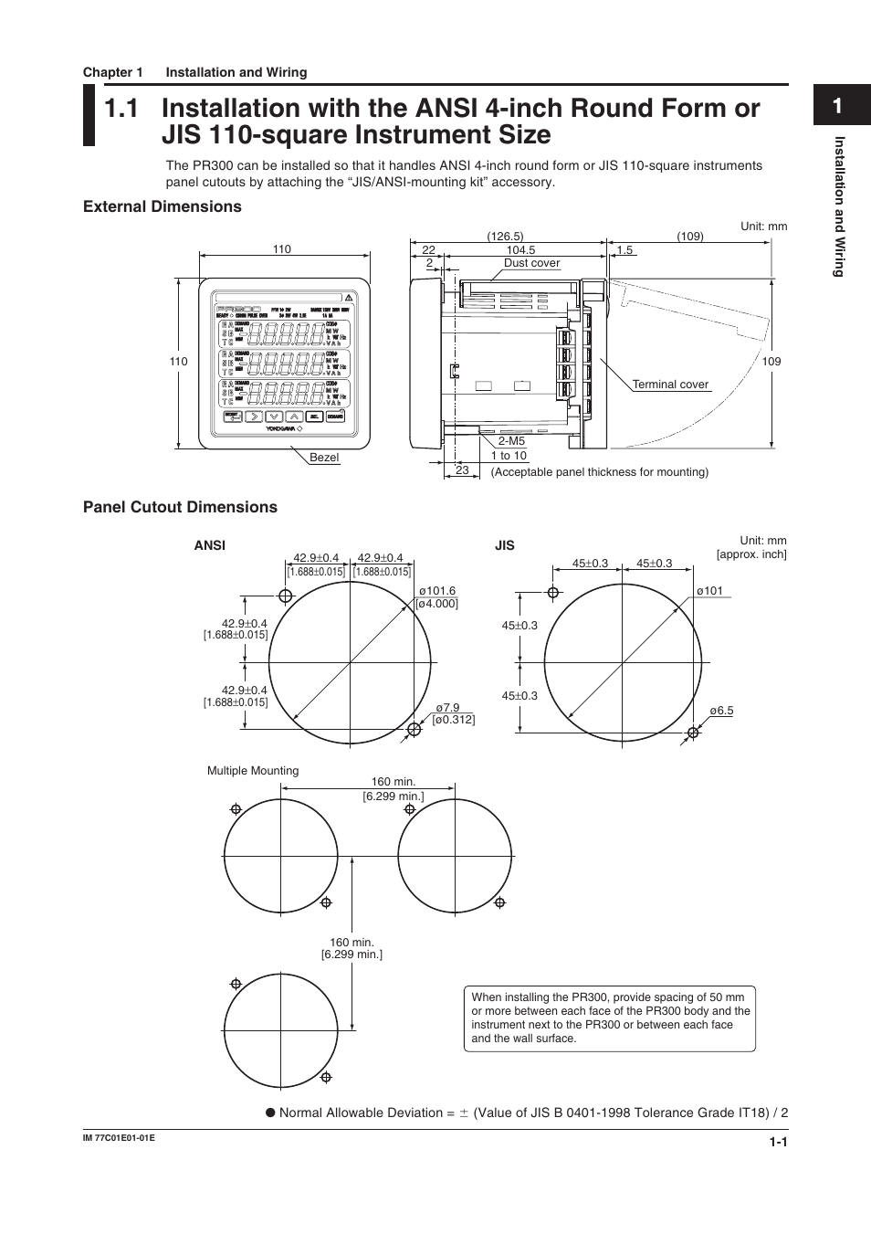 Chapter 1 installation and wiring, External dimensions, Panel cutout dimensions | Ansi 4-inch round form size, Ansi, External dimensions -1 panel cutout dimensions -1 | Yokogawa PR300 Power and Energy Meter User Manual | Page 8 / 76